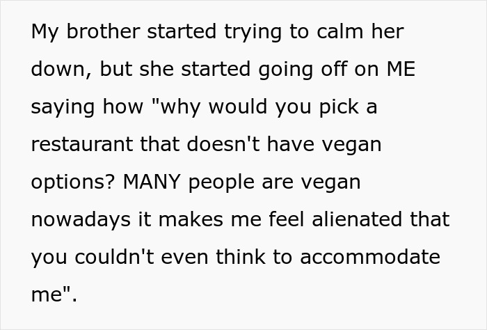 “You Just Assume Because I’m Vegan I Only Eat Salads?”: Sister Under Fire After Not Catering To Brother’s Vegan GF At Her Engagement Dinner “You Just Assume Because I’m Vegan I Only Eat Salads?”: Sister Under Fire After Not Catering To Brother’s Vegan GF At Her Engagement Dinner