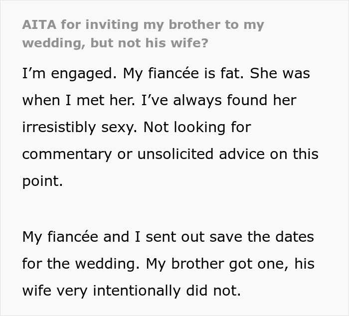 SIL Fat-Shames This Guy's Fianc&eacute;e, Gets Upset When She Gets Excluded From Their Wedding, Despite Her Husband Getting To Go