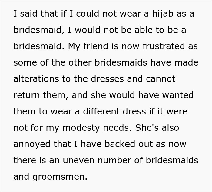 Muslim Bridesmaid Asks If She's A Jerk For Not Compromising And Keeping Her Hijab On For Her Friend's Wedding