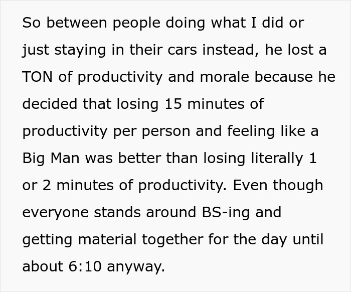 Boss, Tired Of People Not Coming In At 6 AM Sharp, Decides To Punish Them By Docking 15 Mins, But It Quickly Comes Back To Bite Him