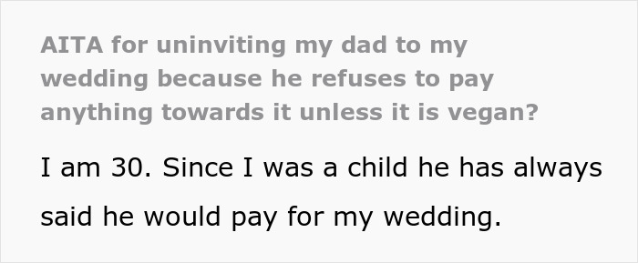 Daughter Uninvites Her Dad And His GF From Her Wedding After They Demand Everything Is Vegan, From Food To The Guests' Shoes