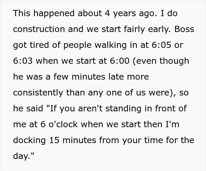 Boss, Tired Of People Not Coming In At 6 AM Sharp, Decides To Punish Them By Docking 15 Mins, But It Quickly Comes Back To Bite Him