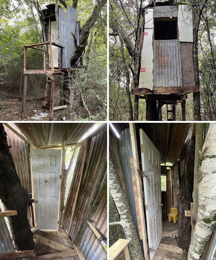 Finally Finished The Treehouse, Total Cost Around $50. Everything Was Made From Items Found In A Barn