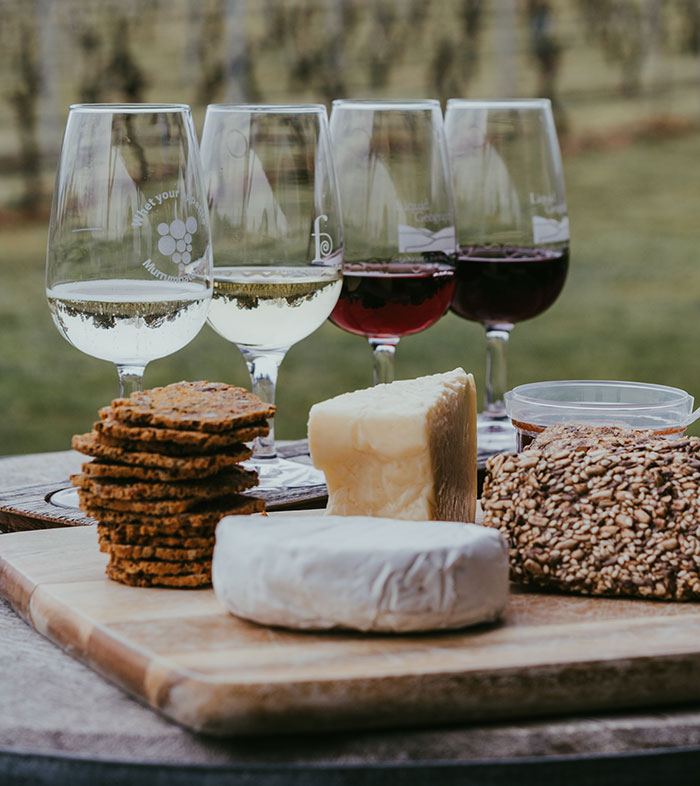 Cheese and crackers with wine glasses 