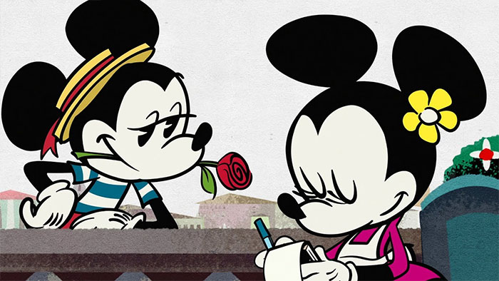 Cartoon couple with a rose, showcasing romantic interaction.