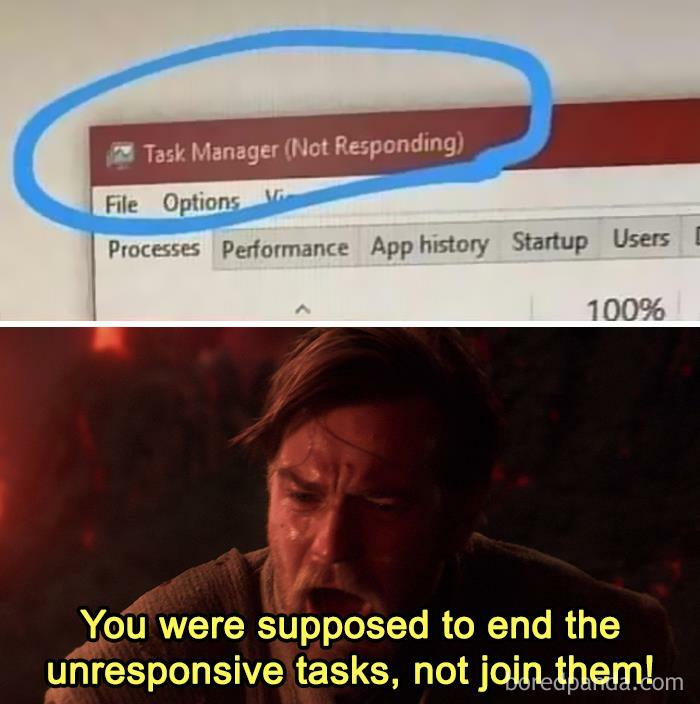 Task Manager meme with humorous reference to unresponsive Excel tasks, comparing it to a dramatic movie scene.