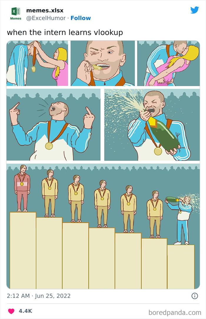 Comic illustration humorously depicting an intern celebrating after mastering Excel's VLOOKUP function.