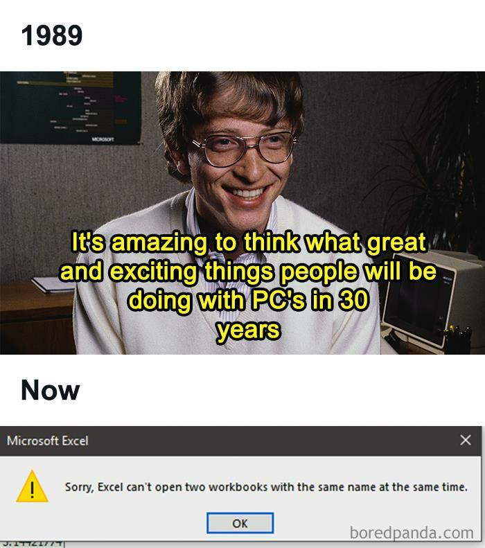 Comparison image showing humor about Microsoft Excel limitations over 30 years.