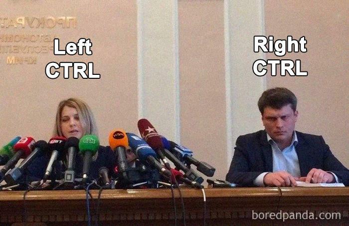 Two people at a press conference labeled "Left CTRL" and "Right CTRL," humorously referencing Microsoft Excel.