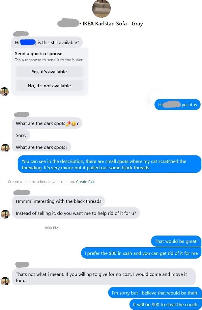 Buyer and seller exchange about sofa condition, illustrating challenges and frustrations when selling online with difficult buyers.