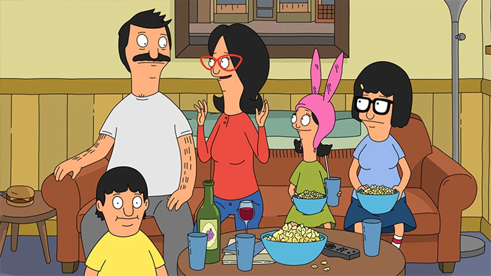 Bob's Burgers family talking and eating popcorn