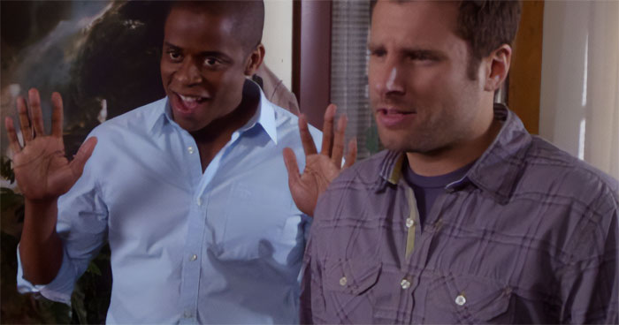 Shawn Spencer and Gus arguing