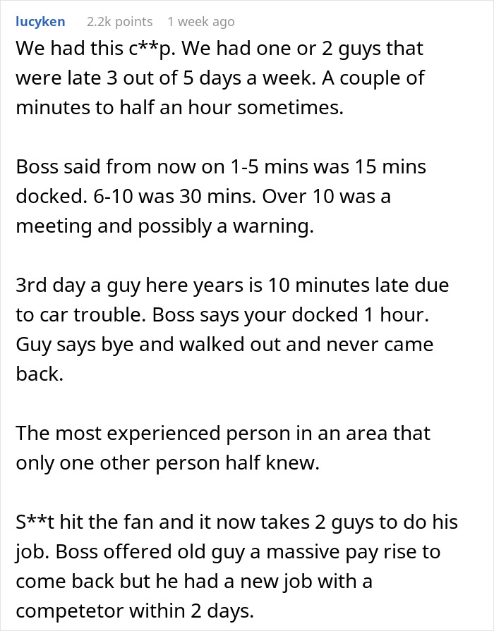 Boss, Tired Of People Not Coming In At 6 AM Sharp, Decides To Punish Them By Docking 15 Mins, But It Quickly Comes Back To Bite Him