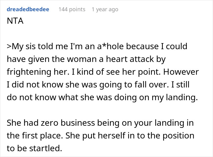 Woman Is Annoyed Her Neighbor Comes To Her Landing And Lurks, So She Swings Open The Door, Frightening Her And Causing Her To Fall