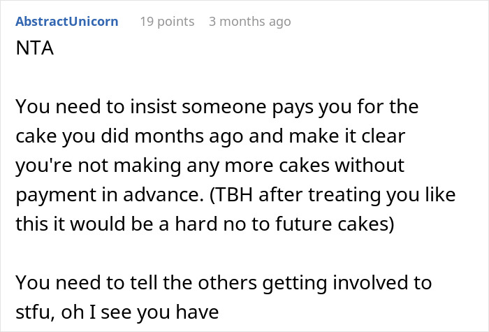 Family Has To Pick Sides After Woman Refuses To Bake More Cakes For Cousin After She Disappeared When She Had To Pay For The First One