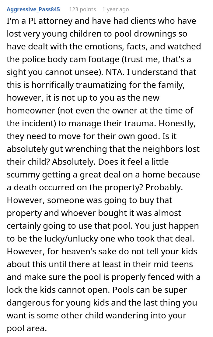 New Homeowners Refuse To Get Rid Of The Pool Their Neighbor's Kid Drowned In, Ask If They're Being Insensitive