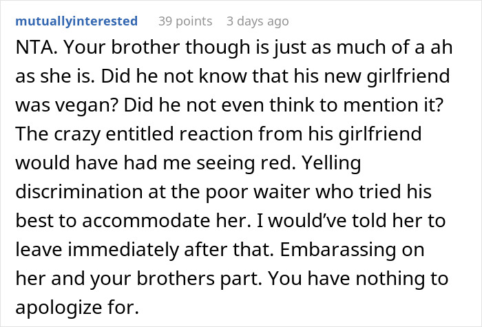 “You Just Assume Because I’m Vegan I Only Eat Salads?”: Sister Under Fire After Not Catering To Brother’s Vegan GF At Her Engagement Dinner “You Just Assume Because I’m Vegan I Only Eat Salads?”: Sister Under Fire After Not Catering To Brother’s Vegan GF At Her Engagement Dinner