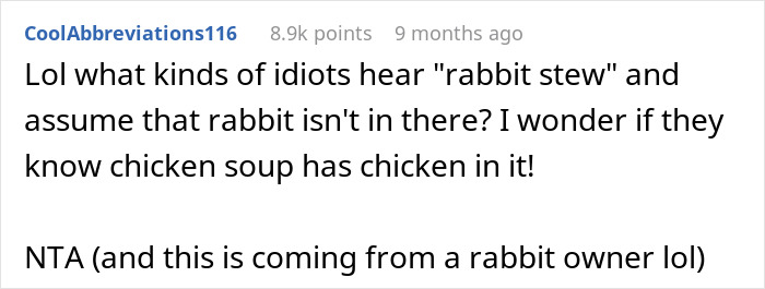 Woman Serves Rabbit Stew For Themed Party, Guests Flip Out After Realizing It Contains Actual Rabbit Meat