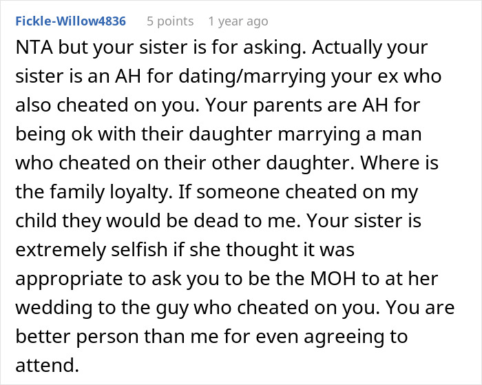 Woman Wonders &ldquo;AITA For Refusing To Be My Sister&rsquo;s MOH Because She&rsquo;s Marrying My Ex?&rdquo;