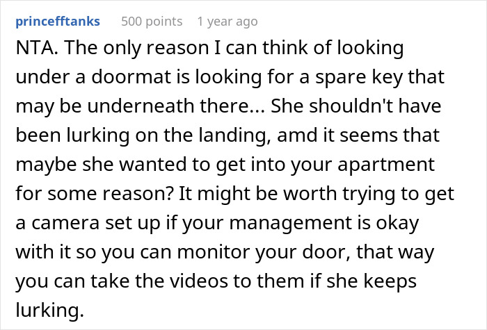 Woman Is Annoyed Her Neighbor Comes To Her Landing And Lurks, So She Swings Open The Door, Frightening Her And Causing Her To Fall