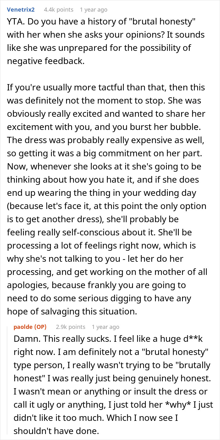 Woman Blocks Fianc&eacute;&rsquo;s Number And Stays At Mom&rsquo;s House After He Gives An Overly Honest Opinion On Her Wedding Dress