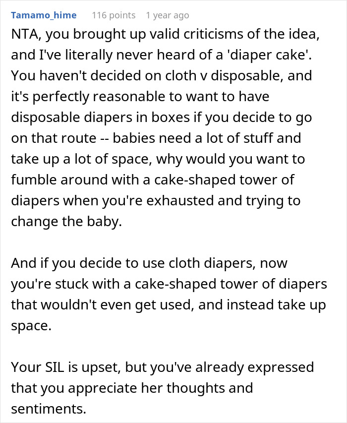 Expecting Mom Gets Called Out By Her Sister-In-Law For Not Wanting A 'Diaper Cake' For The Upcoming Baby Shower Expecting Mom Gets Called Out By Her Sister-In-Law For Not Wanting A 'Diaper Cake' For The Upcoming Baby Shower