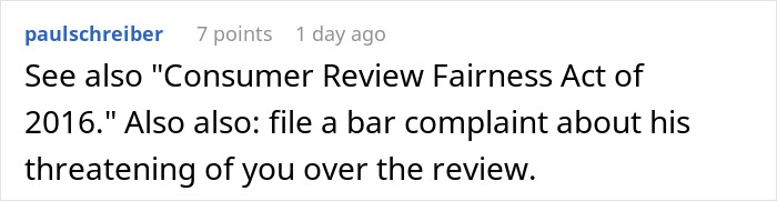 Lawyer Livid Over Bad Review, Threatens With Lawsuit Over Defamation, Receives Tons Of Random Bad Reviews In Return Lawyer Livid Over Bad Review, Threatens With Lawsuit Over Defamation, Receives Tons Of Random Bad Reviews In Return