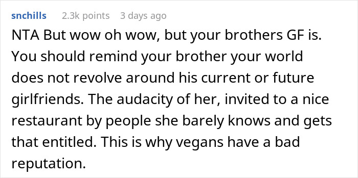 “You Just Assume Because I’m Vegan I Only Eat Salads?”: Sister Under Fire After Not Catering To Brother’s Vegan GF At Her Engagement Dinner “You Just Assume Because I’m Vegan I Only Eat Salads?”: Sister Under Fire After Not Catering To Brother’s Vegan GF At Her Engagement Dinner