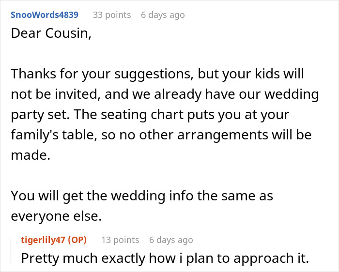 Bride-To-Be Left Is Speechless After Cousin Sends Through A List Of Wedding Demands Before She’s Even Been Officially Invited Bride-To-Be Left Is Speechless After Cousin Sends Through A List Of Wedding Demands Before She’s Even Been Officially Invited