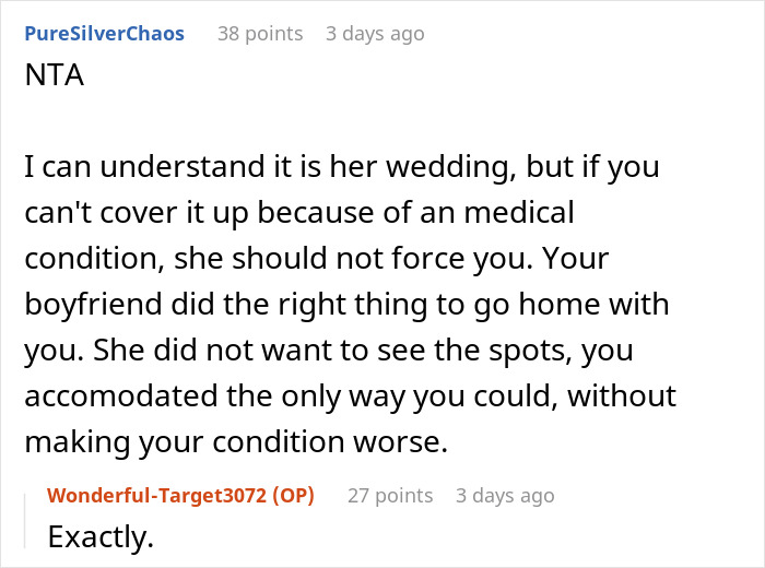 Woman Leaves "Friend's" Wedding After She's Called Out For Not Covering Up Her Skin Condition