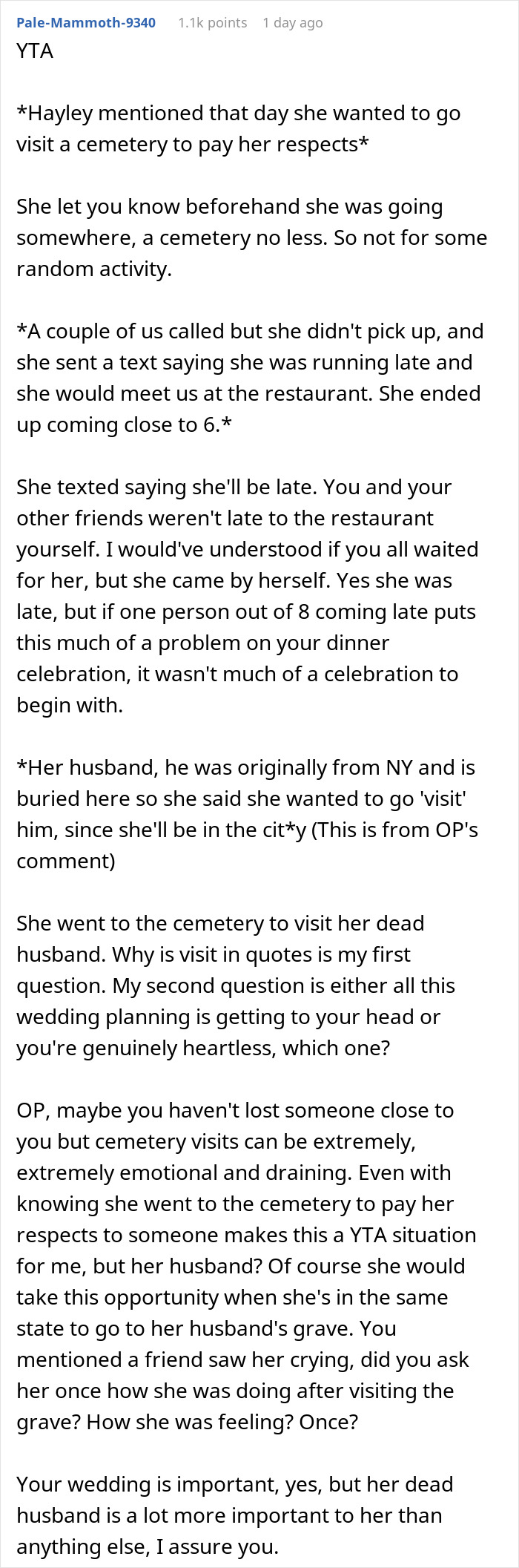 Woman Wants To Know If She Was A Bridezilla For Scolding Cousin For Going Off To Visit Her Husband's Grave And Being Late For Bachelorette Dinner