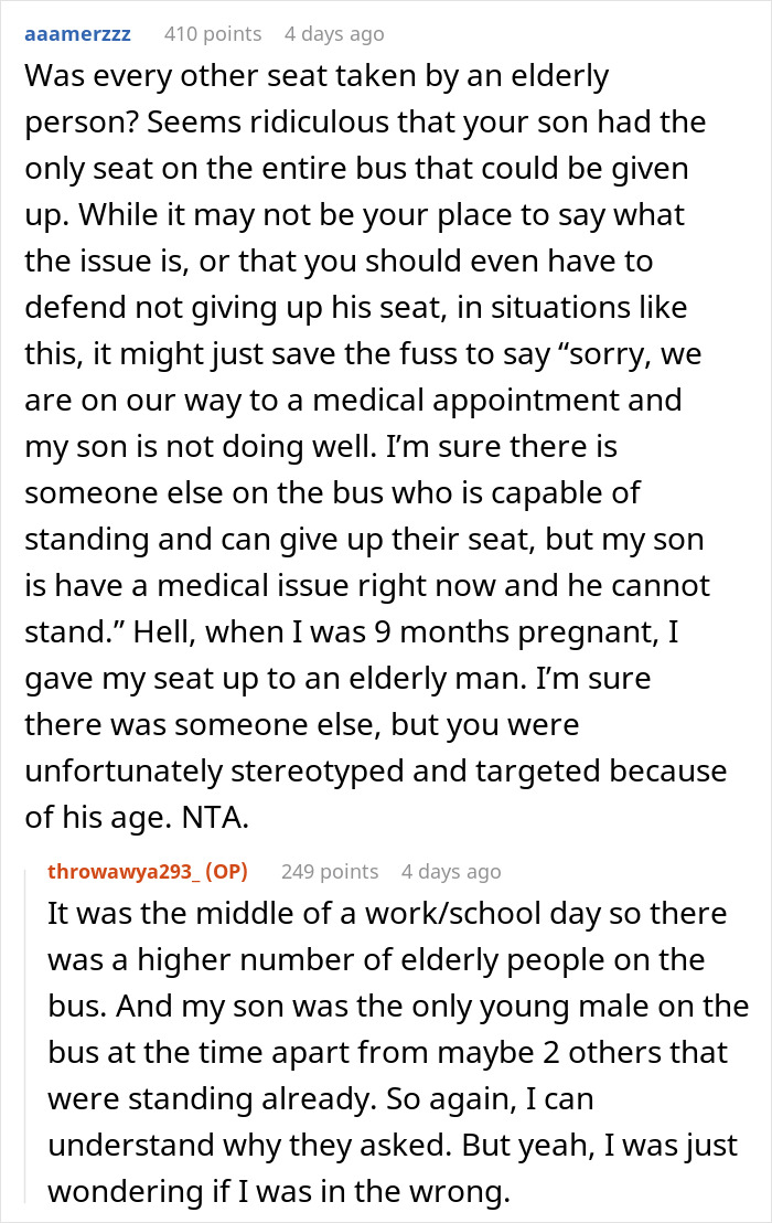 Parent Refuses To Make Their Ill 17-Year-Old Son Give Up His Seat For An Elderly Woman, Wonders If They Did The Right Thing Parent Refuses To Make Their Ill 17-Year-Old Son Give Up His Seat For An Elderly Woman, Wonders If They Did The Right Thing