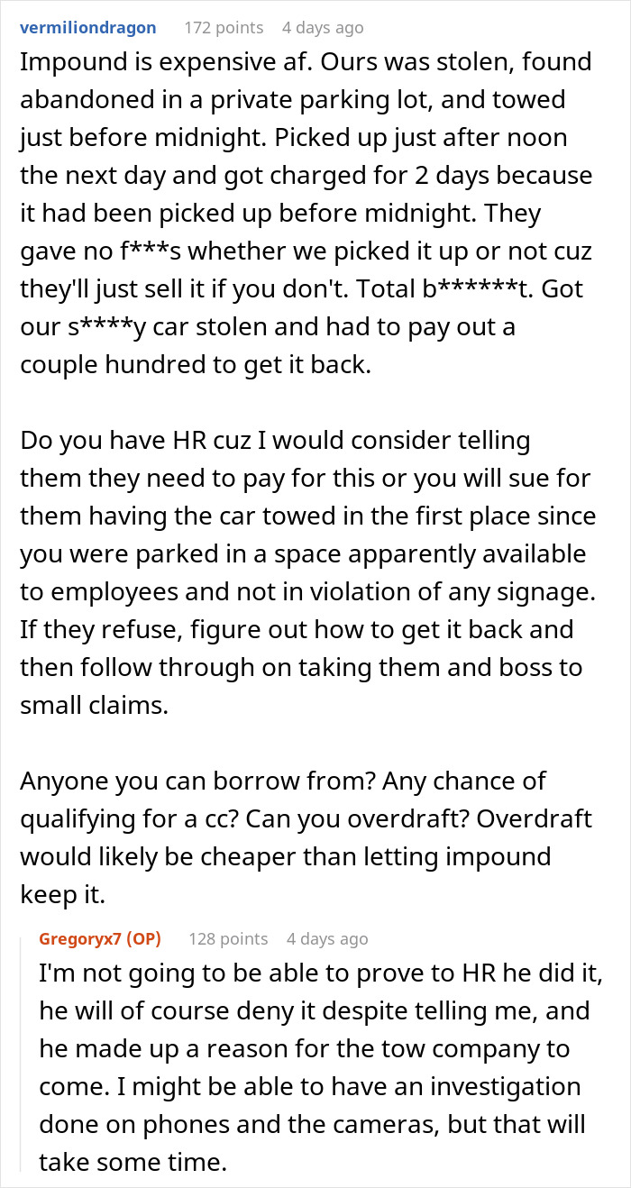 Entitled Boss Gets Placed On Leave After Wrongfully Towing Employee's Car For Parking In 'His Spot'