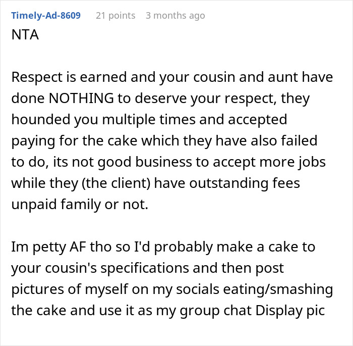 Family Has To Pick Sides After Woman Refuses To Bake More Cakes For Cousin After She Disappeared When She Had To Pay For The First One