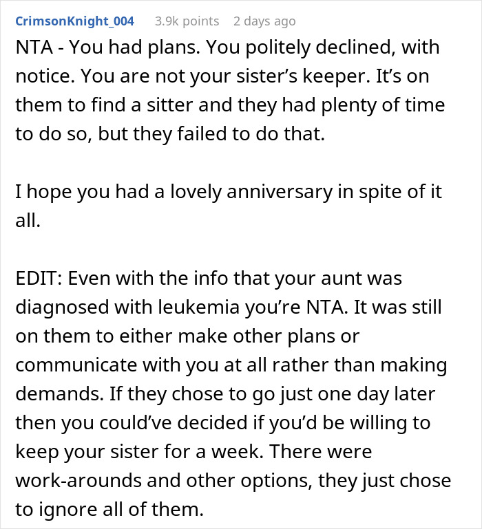 Man Asks If He&rsquo;s A Jerk For Wanting To Celebrate His Wedding Anniversary With His Wife Instead Of Babysitting His Sister