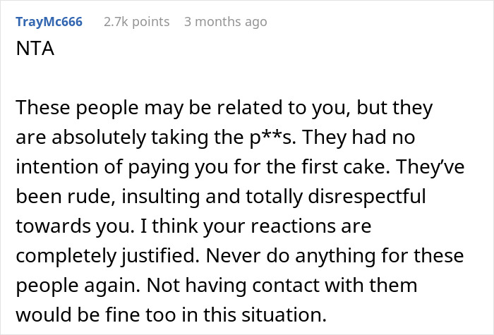 Family Has To Pick Sides After Woman Refuses To Bake More Cakes For Cousin After She Disappeared When She Had To Pay For The First One