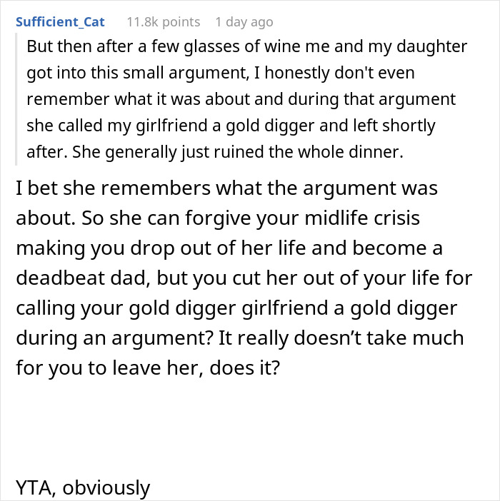 19 Y.O. Daughter Gets Excluded From Family Dinner Because She Called Her Dad’s 26 Y.O. Girlfriend A Gold Digger 19 Y.O. Daughter Gets Excluded From Family Dinner Because She Called Her Dad’s 26 Y.O. Girlfriend A Gold Digger