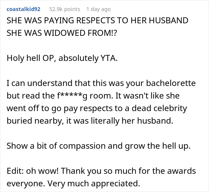 Woman Wants To Know If She Was A Bridezilla For Scolding Cousin For Going Off To Visit Her Husband's Grave And Being Late For Bachelorette Dinner