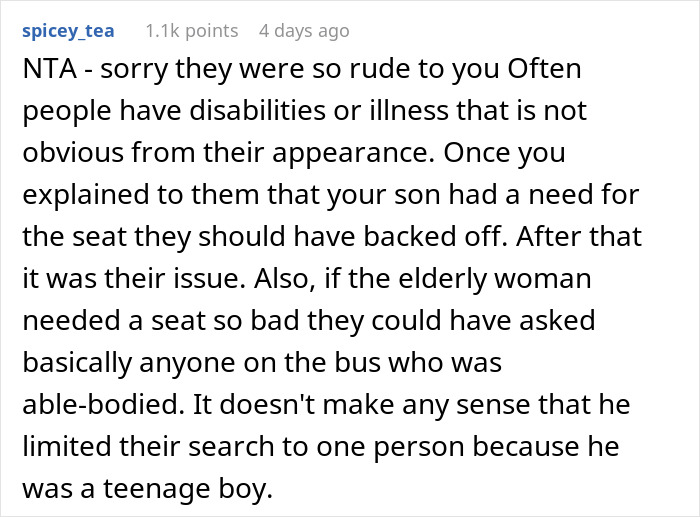Parent Refuses To Make Their Ill 17-Year-Old Son Give Up His Seat For An Elderly Woman, Wonders If They Did The Right Thing Parent Refuses To Make Their Ill 17-Year-Old Son Give Up His Seat For An Elderly Woman, Wonders If They Did The Right Thing