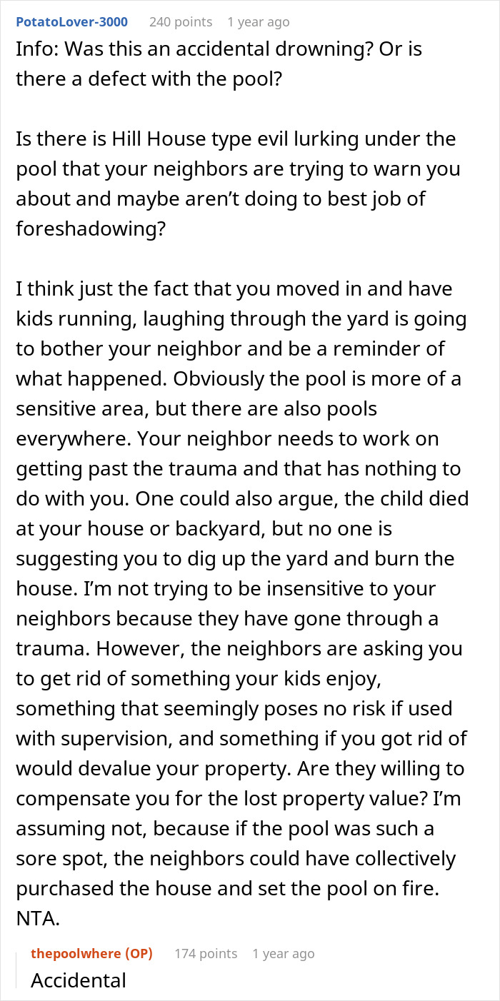 New Homeowners Refuse To Get Rid Of The Pool Their Neighbor's Kid Drowned In, Ask If They're Being Insensitive