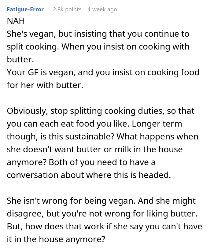 Man Asks &ldquo;[Am I The Jerk] For Telling My Vegan Girlfriend That I Will Not Stop Using Butter?&rdquo;