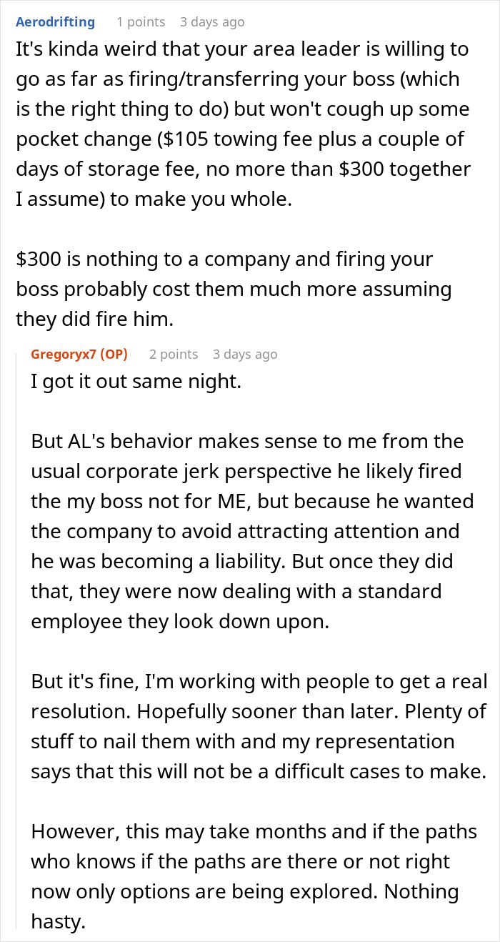 Entitled Boss Gets Placed On Leave After Wrongfully Towing Employee's Car For Parking In 'His Spot'