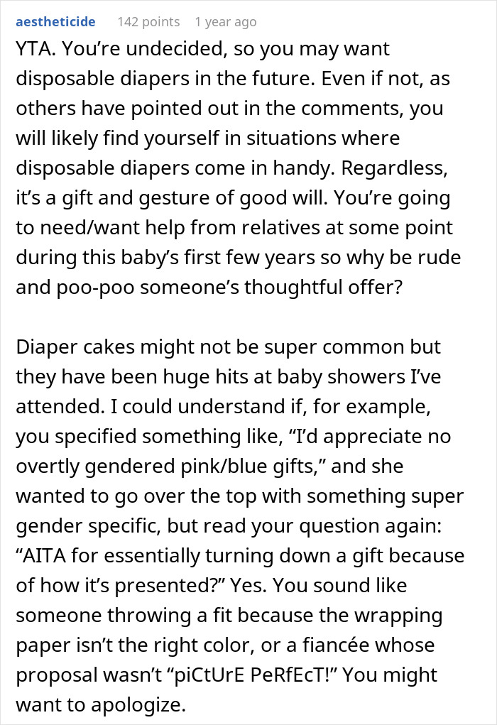 Expecting Mom Gets Called Out By Her Sister-In-Law For Not Wanting A 'Diaper Cake' For The Upcoming Baby Shower Expecting Mom Gets Called Out By Her Sister-In-Law For Not Wanting A 'Diaper Cake' For The Upcoming Baby Shower