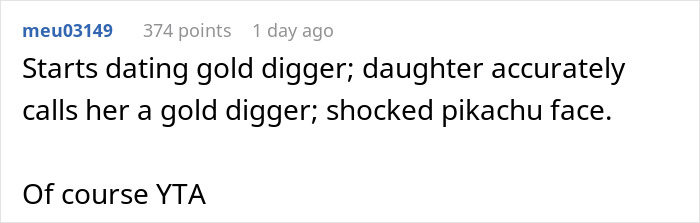 19 Y.O. Daughter Gets Excluded From Family Dinner Because She Called Her Dad’s 26 Y.O. Girlfriend A Gold Digger 19 Y.O. Daughter Gets Excluded From Family Dinner Because She Called Her Dad’s 26 Y.O. Girlfriend A Gold Digger