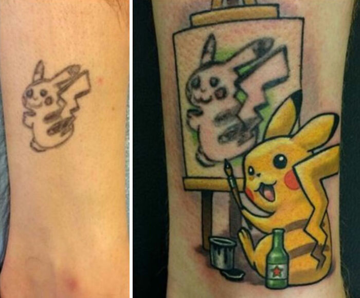 Funny tattoos: A simple Pikachu sketch transformed into a detailed tattoo with Pikachu painting itself on a canvas.