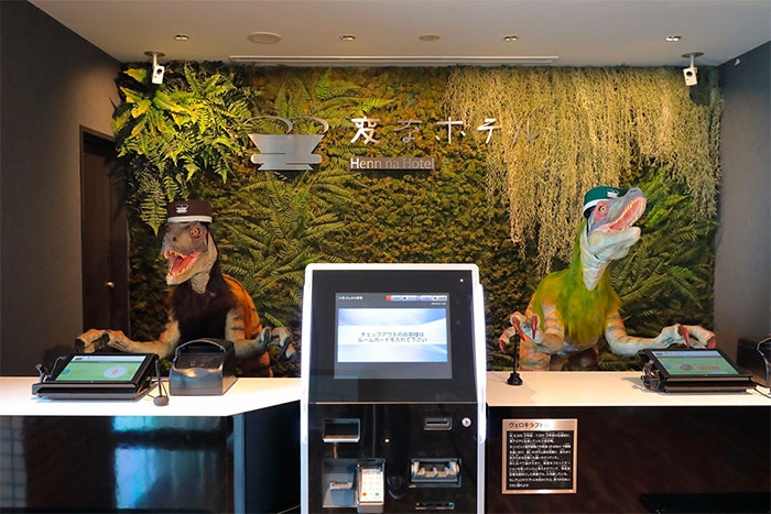 Hotel inside with robot dinosaurs