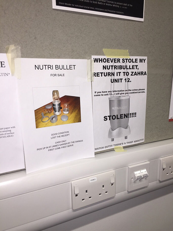 Funny signs on a wall about a stolen NutriBullet, shared by people for their hilariously absurd messages.