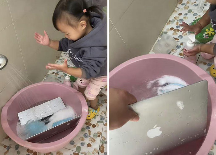 Two-Year-Old Daughter Bathes Daddy's Laptop In Soap And Water Because It's "Too Dirty"