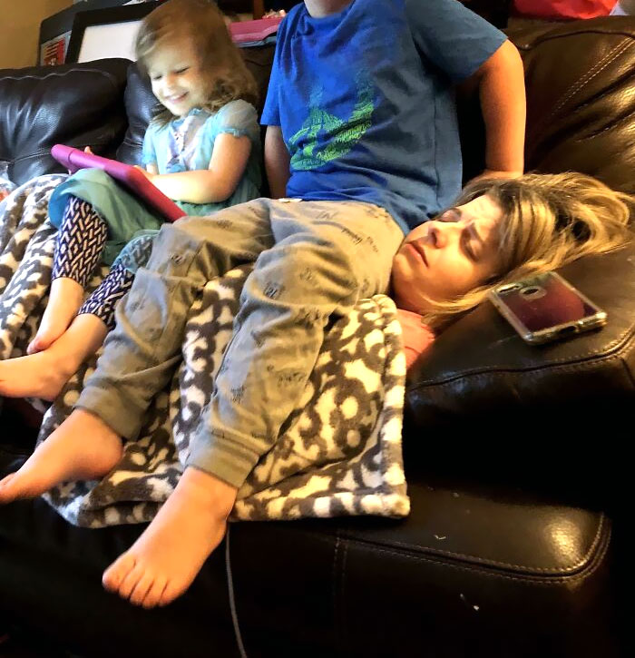 I Was Mowing The Grass And My Wife Texts Me And Says “I’m Going To Lay On The Couch And Maybe Get A Quick Nap”. I Came Back To See My Kids Treating Her Like A Bean Bag Chair