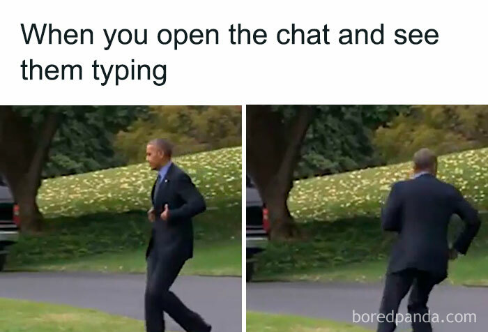 Meme showing a man quickly walking away, illustrating introvert friends’ reaction when they see someone typing in chat.